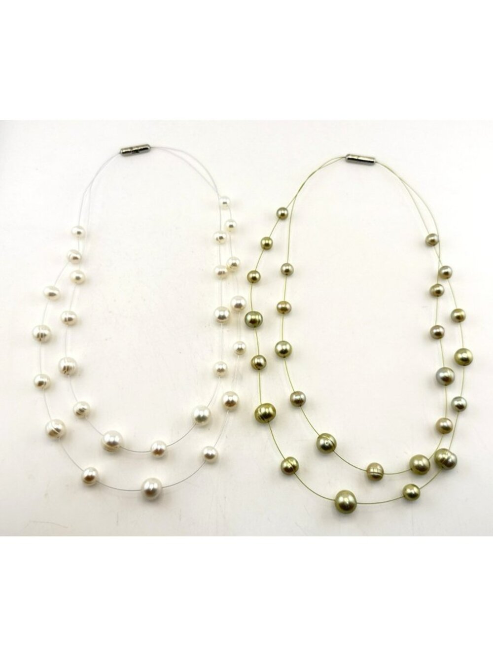 Honora Necklace Lot Set Pearl Floating Illusion Wire Green White 18" Station